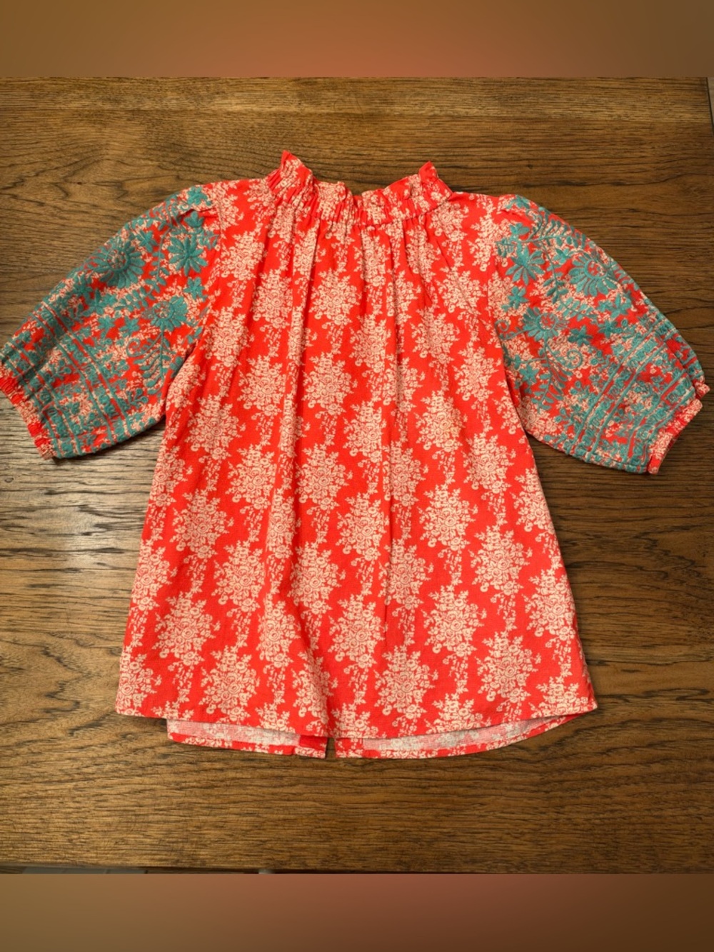 THML Embroidered Puff Sleeve Blouse Medium Coral Turquoise Boho Cotton - Picture 2 of 12